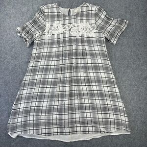 Ann Taylor LOFT Dress Womens Medium Black White Plaid Short Sleeve Lace Shift
